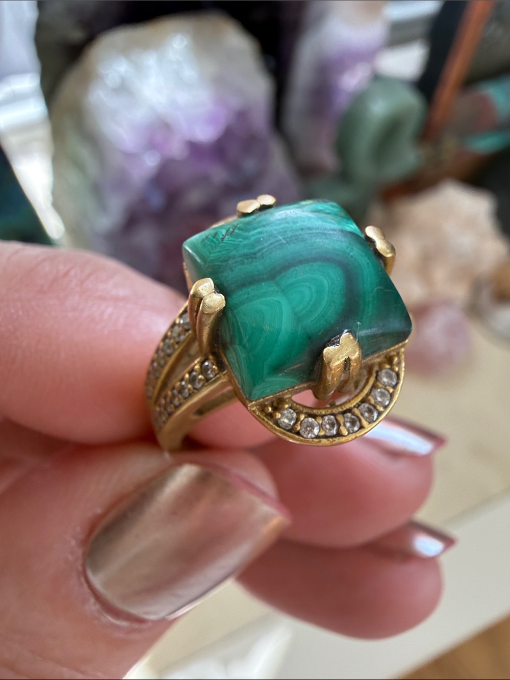 Green Malachite Statement Ring with Crystal Accents size 8